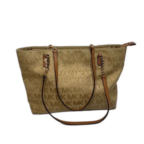 Michael Kors EW Gold Signature Canvas Leather Chain Shoulder Bag Purse Designer - Picture 1 of 12